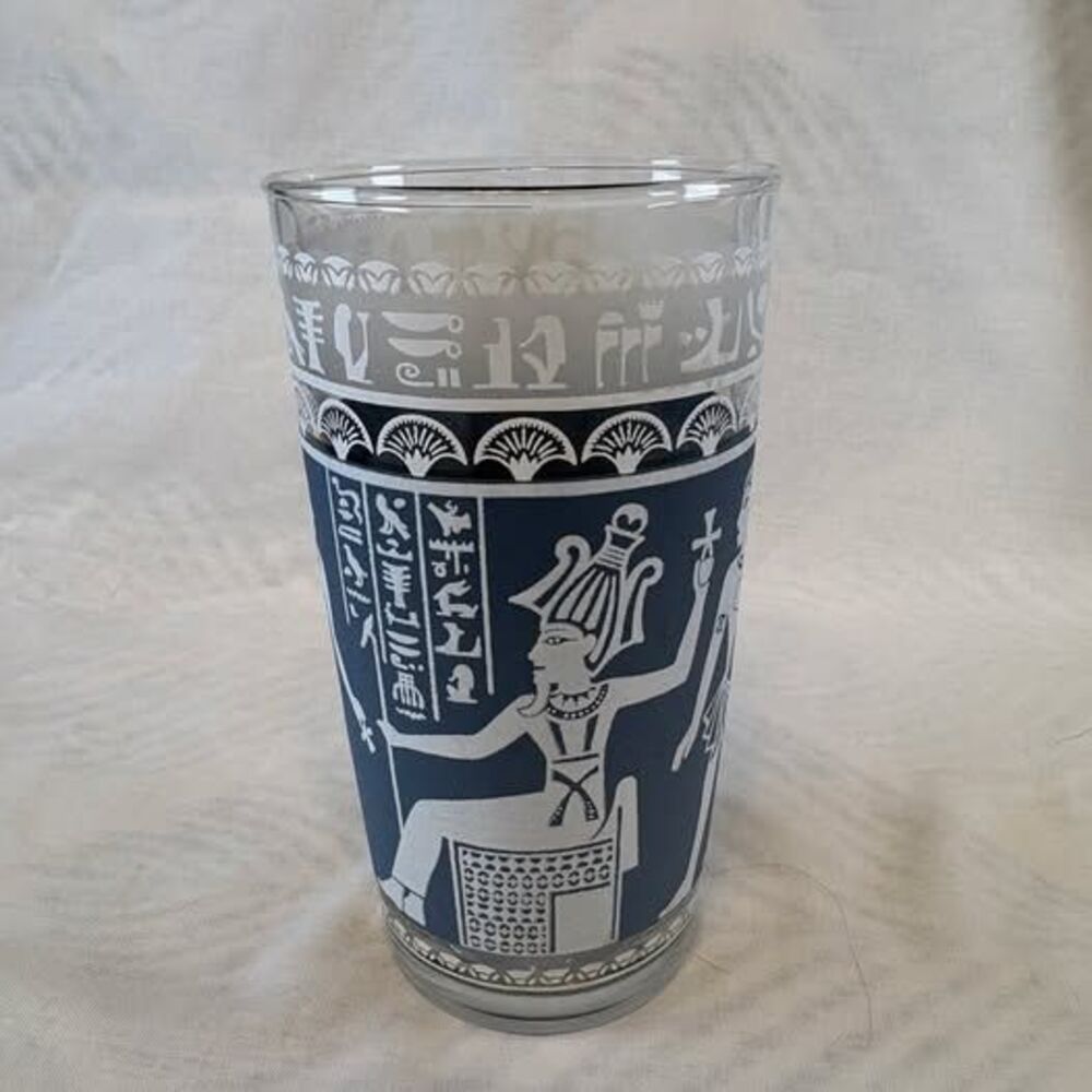 MCM Hazel Atlas Egyptian Revival Blue & White Frosted Highball Glasses -Set of 4